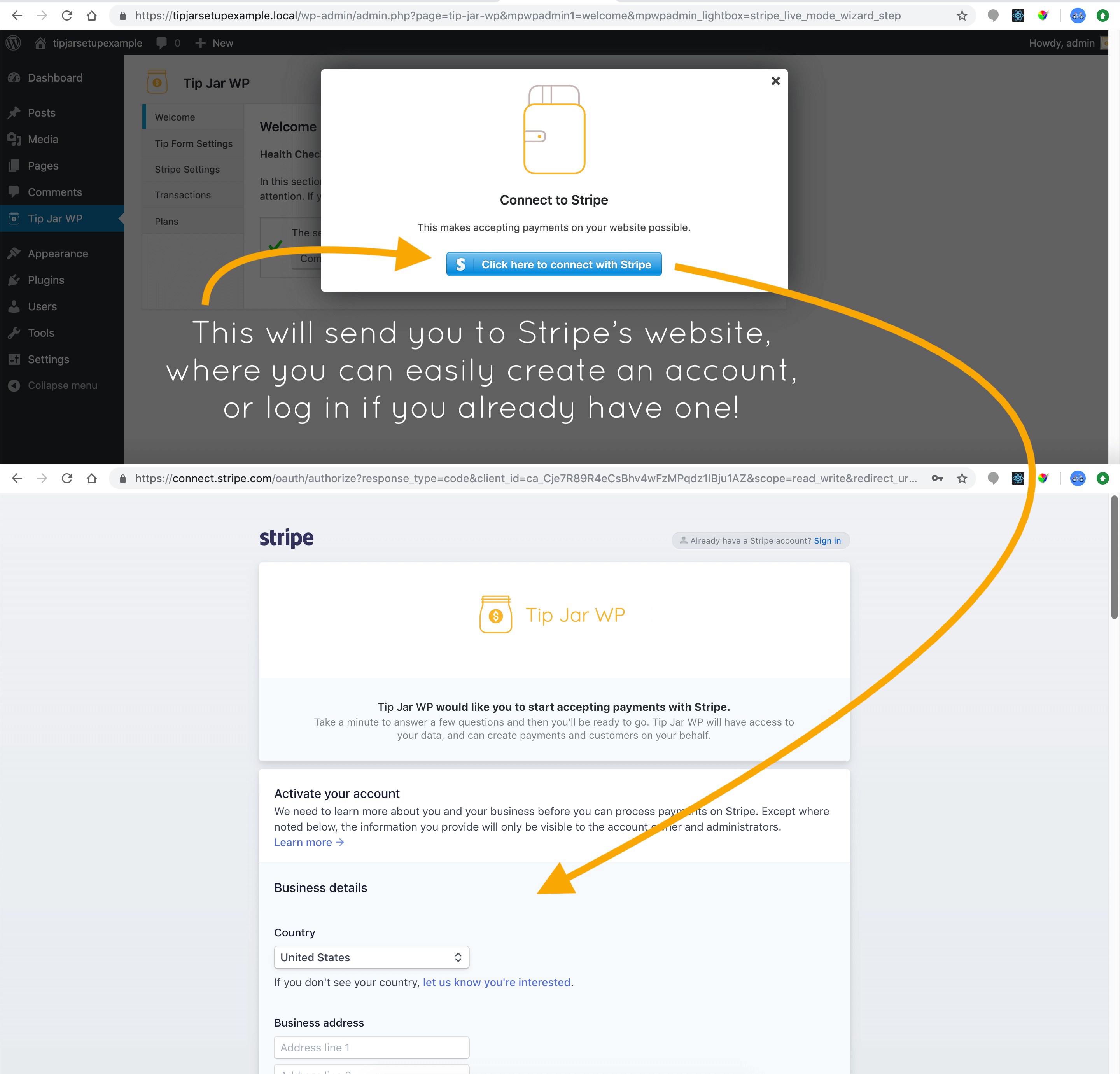 Now you will be prompted to connect (or create) your Stripe Account. Click the blue button, and Stripe's website will load.