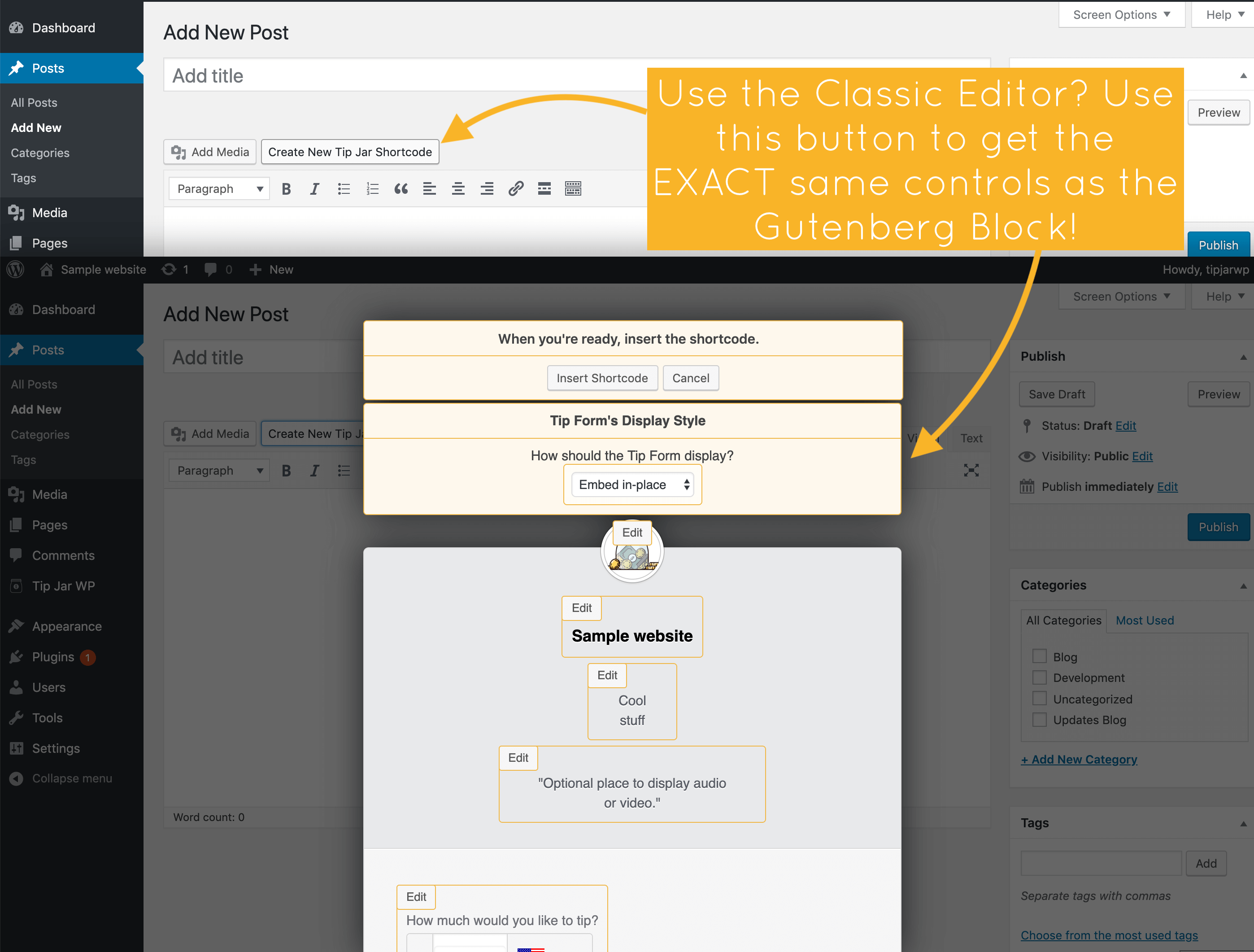 Classic Editor Controls for Tip Jar WP